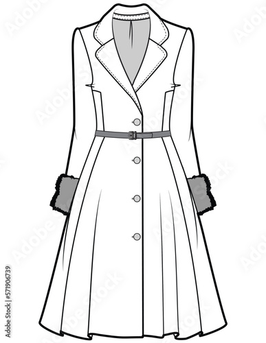 womens fit and flare coat flat sketch vector illustration technical cad drawing template