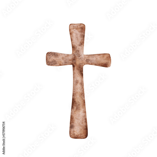 Religious cross isolated on a transparent background. Brown watercolor Christian cross illustration. The hand-painted catholic or orthodox symbol for the first community, baptism, and Easter.