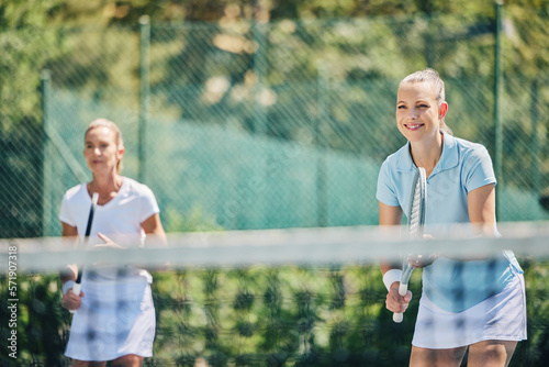 Tennis court, women and sports competition outdoor for fitness, exercise and training. Happy friends people at club for team game, workout and performance for health and wellness with summer cardio © Delcio/peopleimages.com