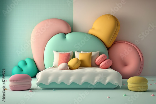 kids bedroom with bed, and macarons as soft cushions. modern and comforable style design. generative ai photo