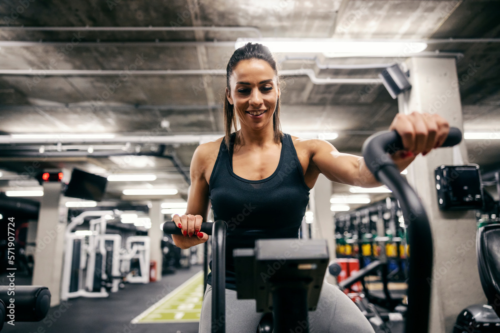 Portrait of a happy sportswoman doing workouts on a elliptical machine in a gym. Portrait of a happy sportswoman doing workouts on a elliptical machine in a gym.