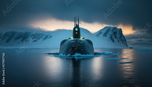 Russian nuclear submarine floating in the arctic sea. generative ai