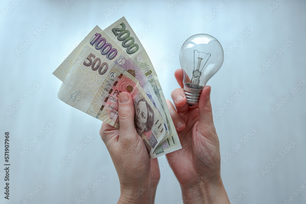 Woman holding czech banknotes and bulb Woman holding czech banknotes and bulb