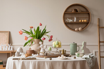 Creative composition of easter dining room interior with round table, vase with tulips, colorful eggs, pitcher, wooden trace, bread, hare sculpture and personal accessories. Home decor. Template.