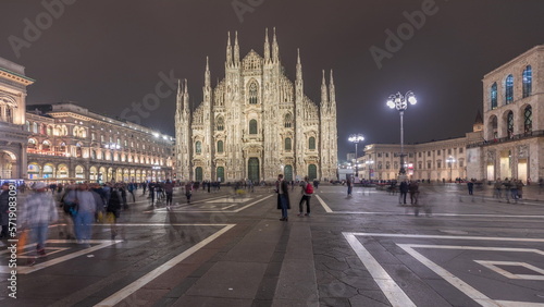 Panorama showing Milan Cathedral and Vittorio Emanuele gallery night timelapse. © neiezhmakov