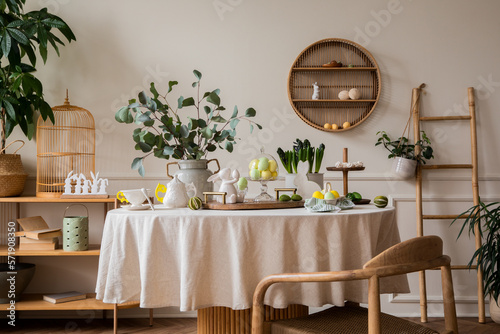 Photography Warm and spring dining room interior with easter accessories, round table, vase with green leaves, cake, colorful eggs, rabbit sculpture and personal accessories