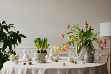 Interior design of easter dining room with colorful eggs, white hare sculptures, vase with tulips, plants, lamp, beige wall with stucco, gray hen and personal accessories. Home decor. Template.