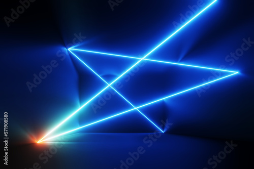 Neon rays in a dark room at night. Background 3d rendering illustration.