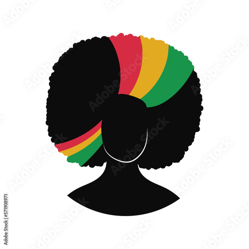 Silhouette head of beautiful black woman with flag in her hair. Portrait girl face afro american woman. Black lives matter. Isolated design element, lgotype, print, image, drawing. 