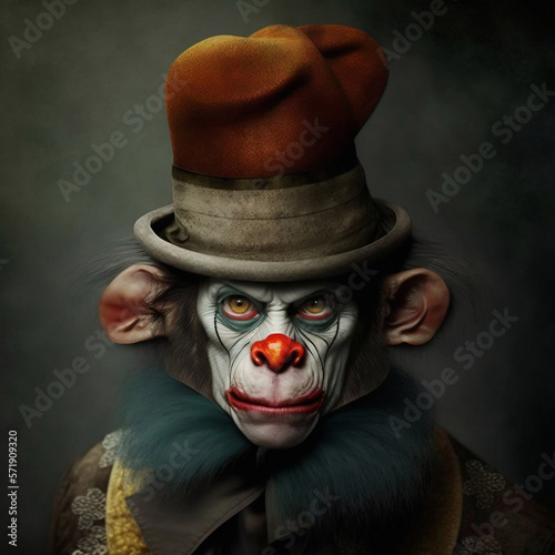 scimmia clown con cappello, immagine creata tramite software di intelligenza artificiale. photo