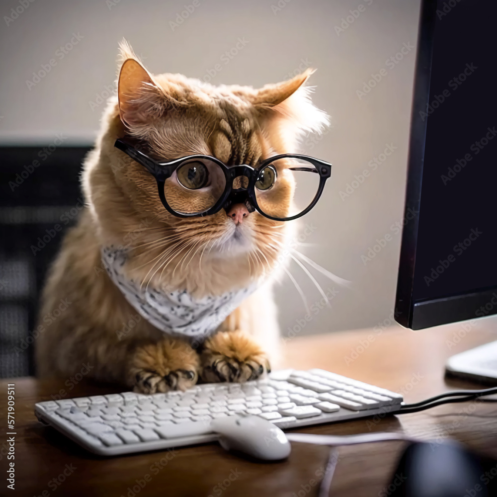 Nemlig respekt Udrydde Cat in glasses behind a computer keyboard. The cat looks at the monitor.  Banner. copy space. Generative AI Stock-illustration | Adobe Stock