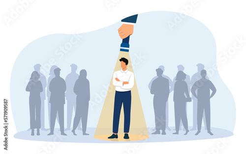 Chosen candidate standing under light of flashlight. Candidates concept.  Vector illustration.