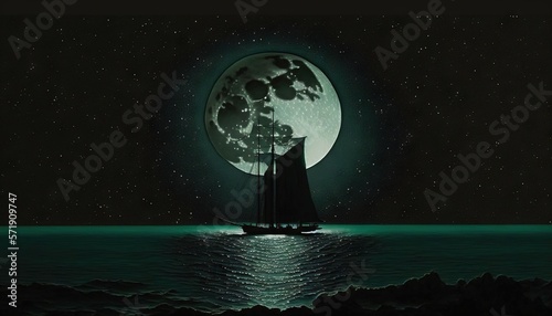  a boat floating in the ocean at night under a full moon. generative ai