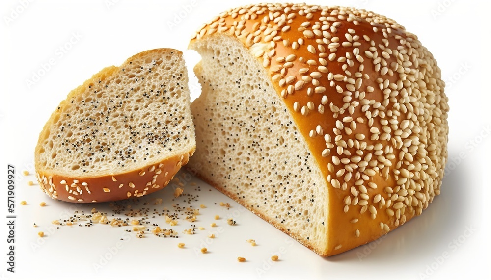 a sesame seed bagel cut in half on a white surface. generative ai a sesame seed bagel cut in half on a white surface. generative ai
