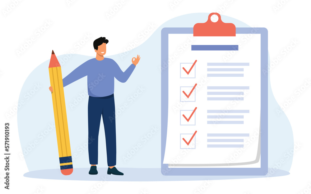 Clipboard with checklist. Businessman holding pencil at big complete checklist with tick marks. Check list with tick mark, businessman with questionnaire. Vector illustration. - obrazy, fototapety, plakaty 