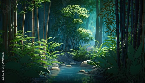  a painting of a stream in a tropical forest with bamboo trees. generative ai © Anna