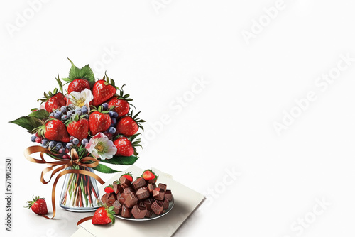Festive congratulatory bouquet of red strawberries and chocolates on a white background. Generative AI, generative artificial intelligence