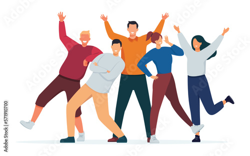 Group of young people posing for a photo illustration. Teamwork  cooperation  friendship concept. Vector illustration.