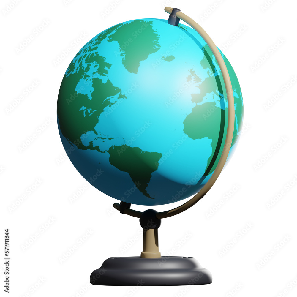 3D rendering of school globe on wooden stand front view. Studying geography of countries and continents at school. Realistic PNG illustration isolated on transparent background 3D rendering of school globe on wooden stand front view. Studying geography of countries and continents at school. Realistic PNG illustration isolated on transparent background