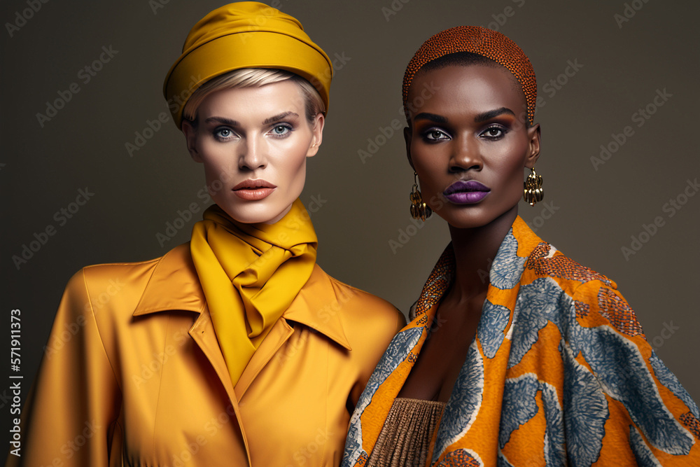 Generative AI illustration of two glamorous and fashion models in fashionable clothes on photo studio background. One Caucasian model and the other African Generative AI illustration of two glamorous and fashion models in fashionable clothes on photo studio background. One Caucasian model and the other African