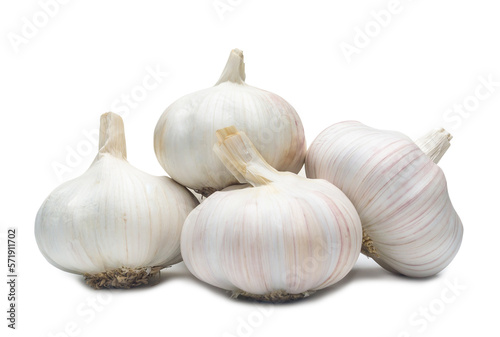 four fresh white garlic bulbs in stack isolated on white background with clipping path, Thai herb is great for healing several severe diseases, heart attack, 