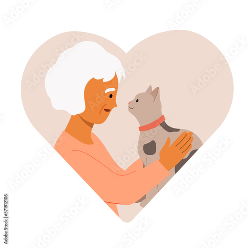 Elderly woman hugging her cat. Animal human friendship concept. Vector illustration in shape of heart.