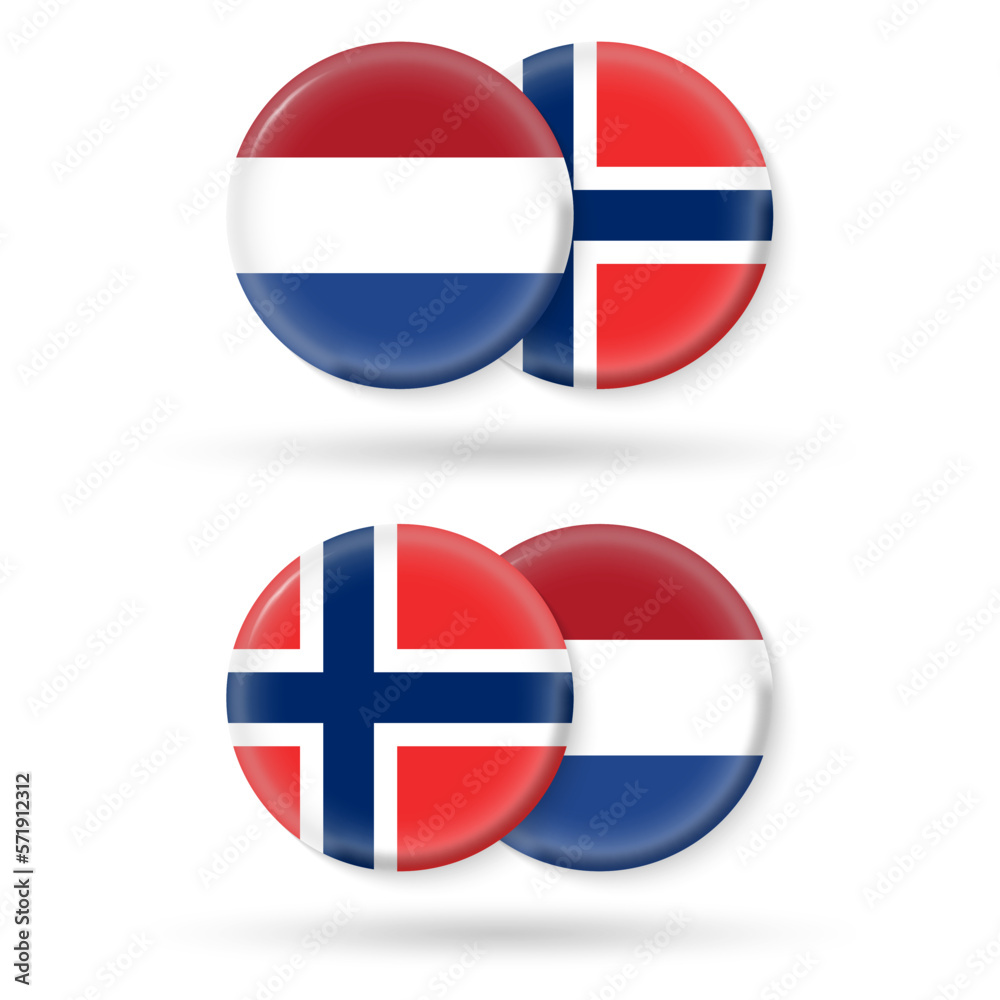 Norway and Netherlands circle flags. 3d icon. Round Dutch and Norwegian national symbols. Vector illustration. Norway and Netherlands circle flags. 3d icon. Round Dutch and Norwegian national symbols. Vector illustration.