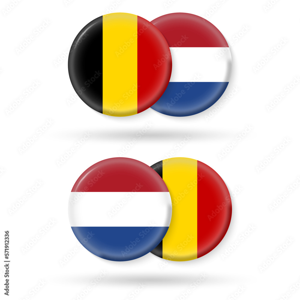Belgium and Netherlands circle flags. 3d icon. Round Belgian and Dutch national symbols. Vector illustration. Belgium and Netherlands circle flags. 3d icon. Round Belgian and Dutch national symbols. Vector illustration.