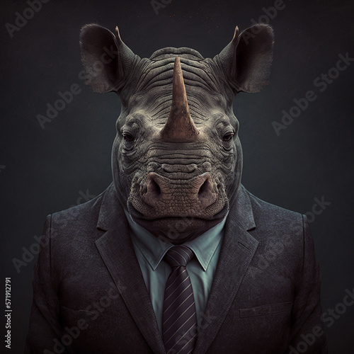 Portrait of a rhino in a business suit  Generative AI