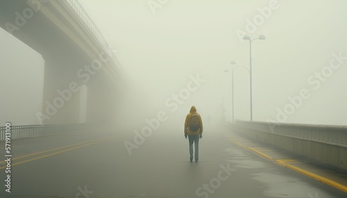  a person walking down a foggy road with a bridge in the background.  generative ai