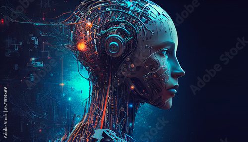 3d rendering of cyborg head with circuit brain connected to the network on dark background. Generative AI