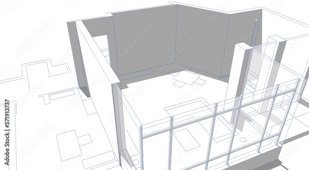 3d illustration of a house's living room from top. Architectural perspective with furniture layout in blue lines. Conceptual sketch with shadows.