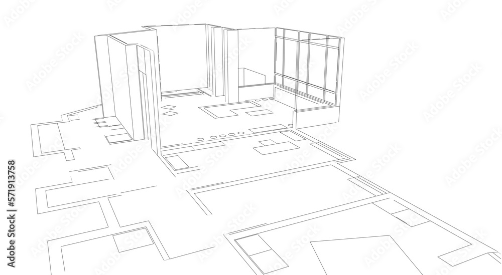 Fototapeta premium Architectural 3d illustration of a house plan both 2d and 3d. Living room's walls are elevated. Conceptual plan in monochrome.