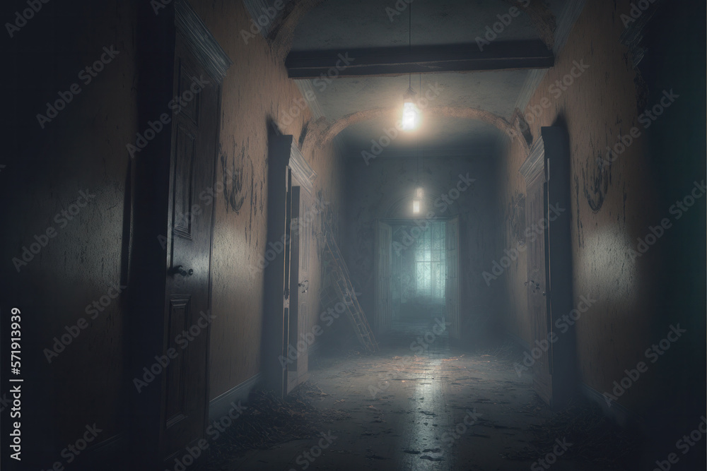 A haunted house's dark corridor filled with an eerie supernatural fog. Generative AI illustration