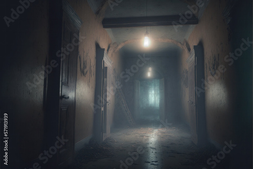 A haunted house s dark corridor filled with an eerie supernatural fog. Generative AI illustration