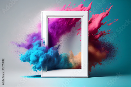 Print op canvas Product display frame with colorful powder paint explosion