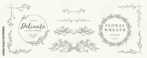 Hand drawn floral frames in sketch style. Vintage wreath. Trendy elements of plants, branches, leaves. Vector illustration for label, branding business identity, wedding invitation, greeting card