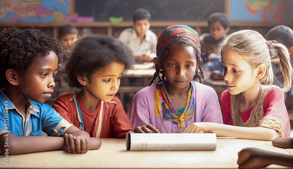 A multi ethnic elementary classroom with children playing at school - Generative AI A multi ethnic elementary classroom with children playing at school - Generative AI
