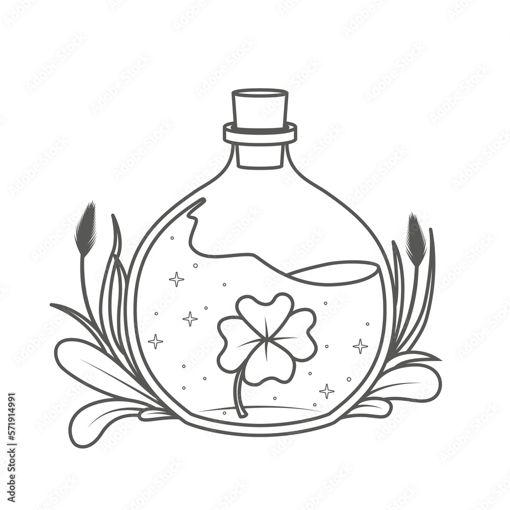 A magical bottle with plants around and a clover inside - coloring book page. Illustration on transparent background A magical bottle with plants around and a clover inside - coloring book page. Illustration on transparent background