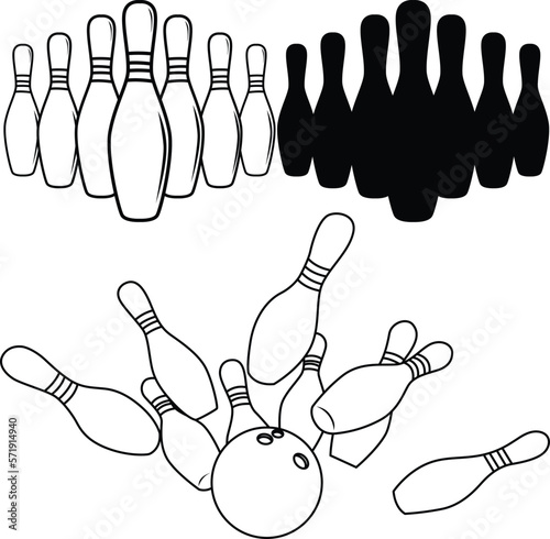 Bowling Ball crashing into the pins vector illustration. Bowling silhouettes