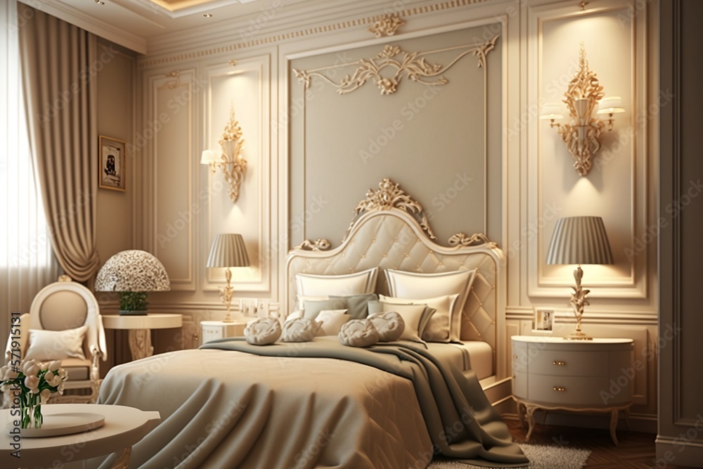 A chic bedroom interior in pastel colours. Created by AI A chic bedroom interior in pastel colours. Created by AI