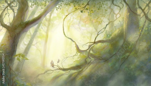  a painting of a forest scene with sunlight coming through the trees.  generative ai