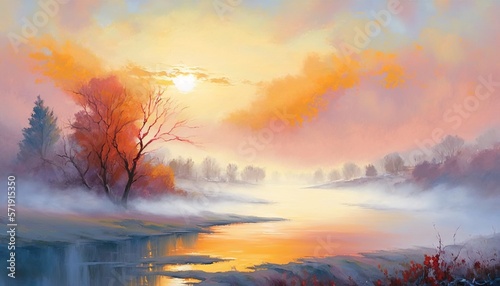  a painting of a beautiful sunset over a lake with trees.  generative ai