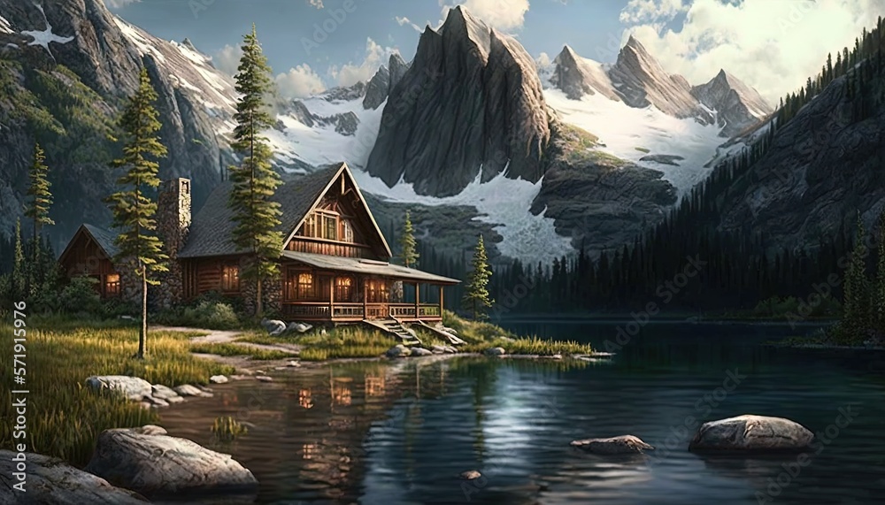 a painting of a cabin by a lake with mountains in the background. generative ai a painting of a cabin by a lake with mountains in the background. generative ai
