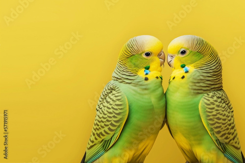 Two lovesick wavy green parrots are sitting together. Generative AI, generative artificial intelligence