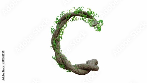 Tree grow or vine in the shape of the English text. Letter font C. Alpha Channel, cg animation, 3D Render.