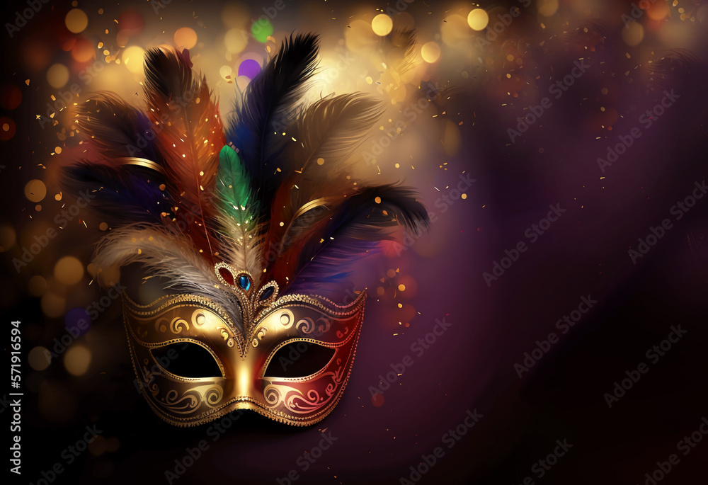 carnival party. Venetian mas.  bokeh background, banner. Decor for the Mardi Grad festival. Generative AI