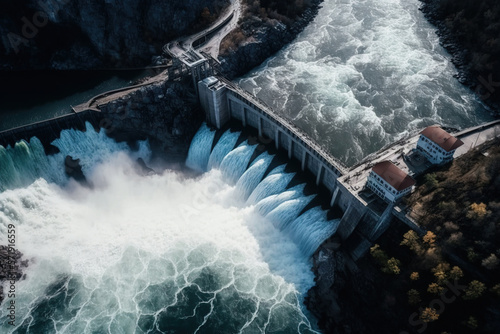 Aerial view of the Hydroelectric Dam. Generative AI photo