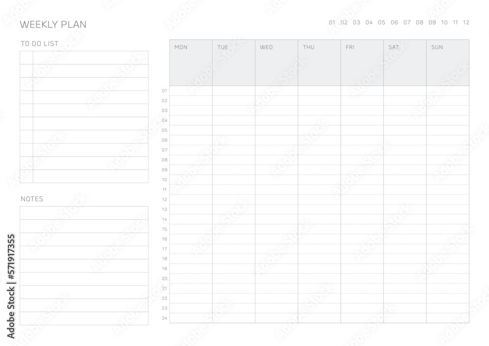 A weekly plan design template in a modern, simple, and minimalist style. Note, scheduler, diary, calendar, planner document template illustration. A weekly plan design template in a modern, simple, and minimalist style. Note, scheduler, diary, calendar, planner document template illustration.