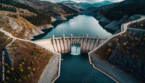Hydroelectric dam, aerial view. Sustainable development concept . Generative AI